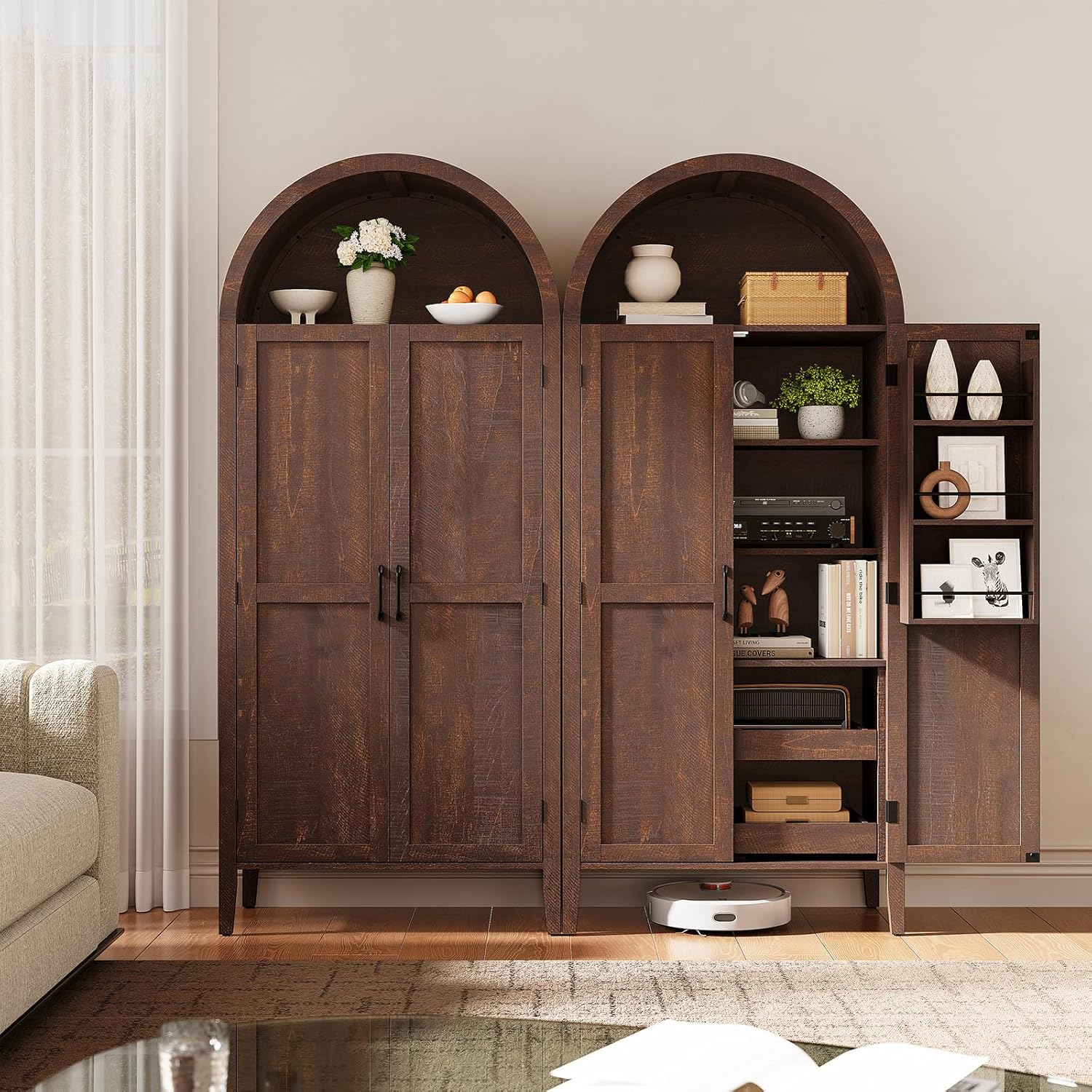 ONBRILL 71" Tall Arched Kitchen Pantry, Storage Cabinet Pantry with 2 Pull-Out Shelves, 6 Door Shelves, Organizer, Freestanding Morden Versatile Cupboard for Kitchen, Dining Room (Brown)