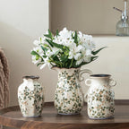 Ceramic Flower Vases Set of 3 | Green Rustic Farmhouse Vase Set for Home Decor, Vintage Floral Decorative Vase for Living Room & Kitchen, Mantel & Bookshelf, Centerpieces, Entryway(5.7+5.9+7.1Inch)