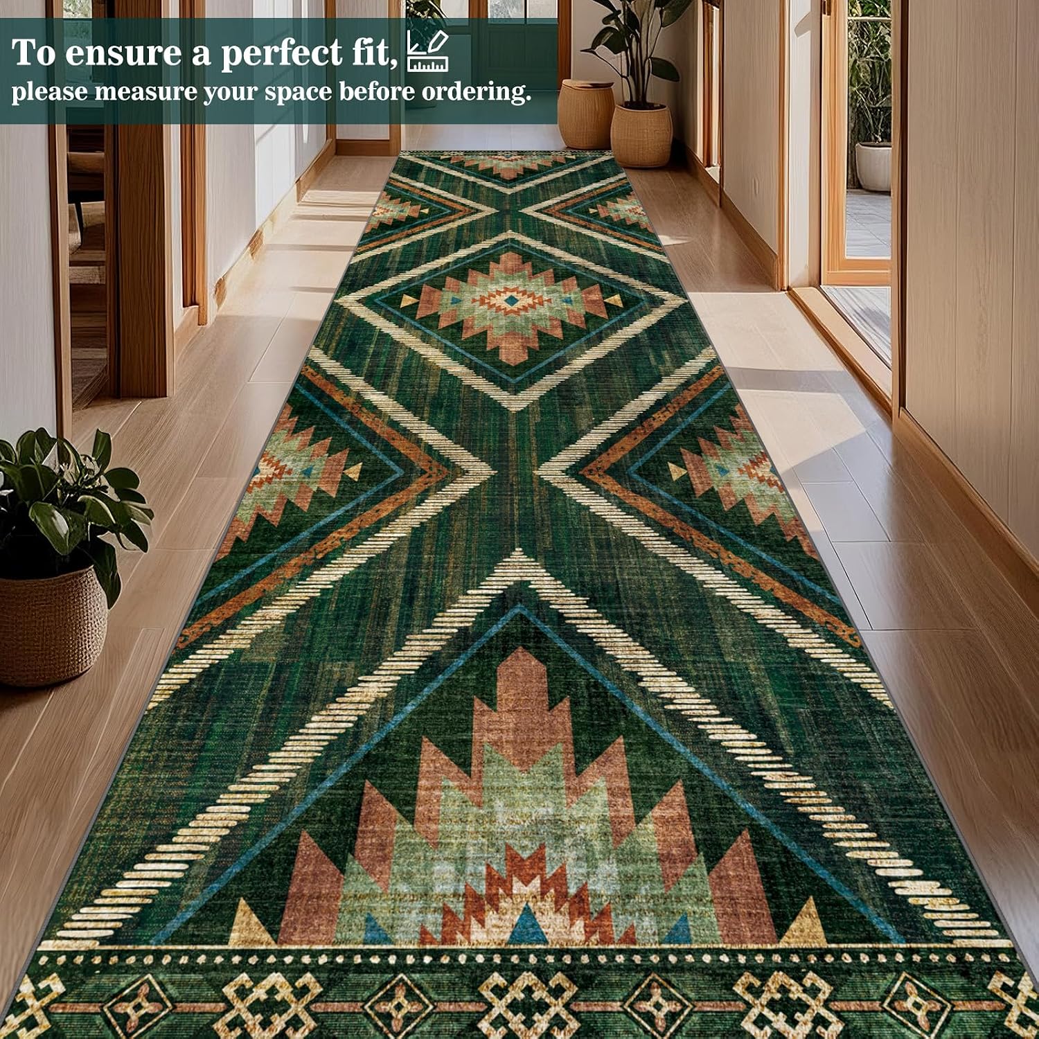 3x12Ft Boho Runner Rugs for Hallway Non Slip, Long Wide Green Geometric Washable Kitchen Rug Runner, Soft Moroccan Entryway Floor Carpets for Entrance Doorway Office Decor