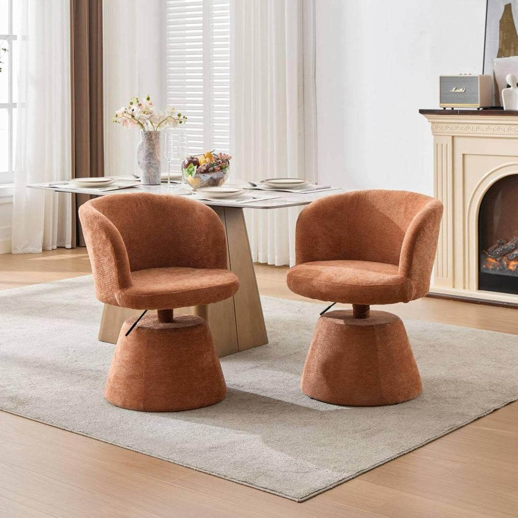 Adjustable Height 360° Swivel Bar Stool, Modern Chenille Upholstered Round Dining Chair, Ergonomic Accent Vanity Chair for Kitchen Island Bedroom Pub (Orange)
