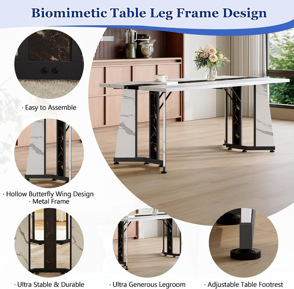 Dining Table Set for 6,White Marble 71'' Dining Room Table with Spacious legroom and Black Leather Dining Chairs,Easy Assembley,7 Pieces Kitchen Table and Chairs for Dining Room,Restaurant