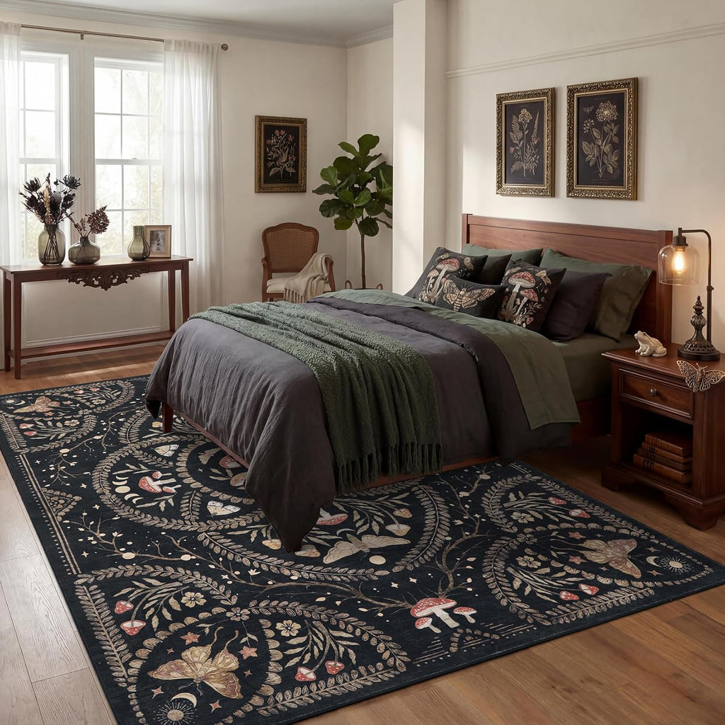 Garvee Mushroom 5x7 Area Rugs for Living Room, Dark Academia Gothic Rug, Non Slip Animal Print Washable Rugs 5x7 Low Pile Bedroom Decor Bug Carpet with Rubber for Playroom Dining Room Office, Black