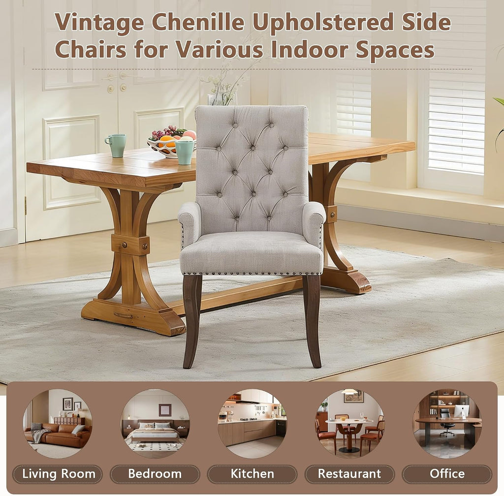 mikibama Chenille Upholstered Dining Chairs with High Back,Vintage Tufted Kitchen Chairs with Rolled Arms,Farmhouse Fabric Accent Side Chair with Arms for Living Room,Single Pack (1, Beige)