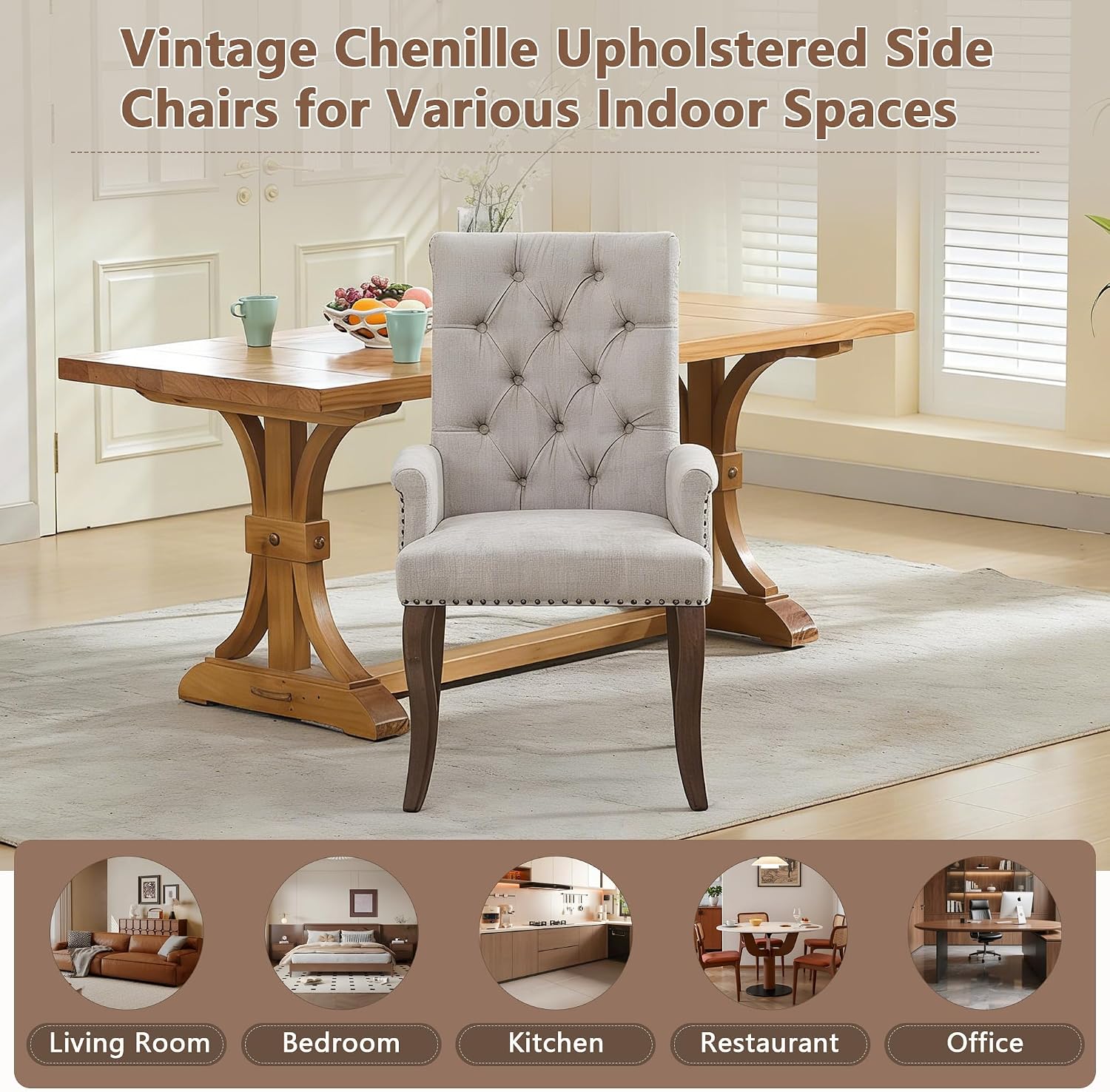 mikibama Chenille Upholstered Dining Chairs with High Back,Vintage Tufted Kitchen Chairs with Rolled Arms,Farmhouse Fabric Accent Side Chair with Arms for Living Room,Single Pack (1, Beige)