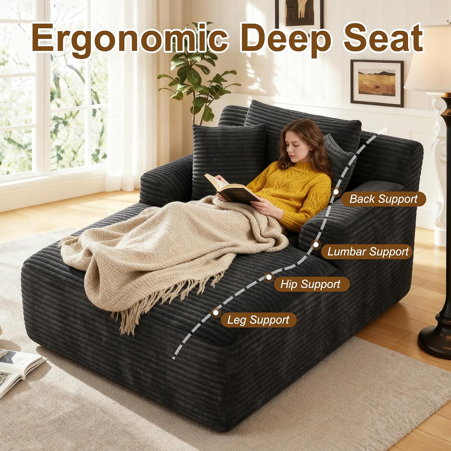 Avenix 66" Oversized Boneless Chaise Lounge Chair Indoor, Cloud Corduroy Reading Chair Deep Seat Sofa Couch Bed with 3 Pillows for Living Room, No Assembly Required, Black