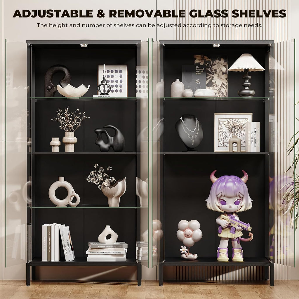 Display Cabinet with Glass Doors, 4-Tier Curio Cabinet with 3 Color Lights, Metal Glass Display Case with Motion Sensor, Storage Cabinets with Adjustable Glass Shelves, Bookcase, Black