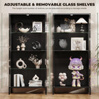 Display Cabinet with Glass Doors, 4-Tier Curio Cabinet with 3 Color Lights, Metal Glass Display Case with Motion Sensor, Storage Cabinets with Adjustable Glass Shelves, Bookcase, Black