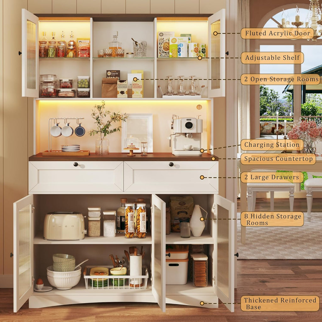 HUAHUU 71" Kitchen Pantry Cabinet with Lights & Acrylic Doors, Pantry Storage Cabinet with Microwave Stand, Kitchen Hutch Food Cabinets with Charging Station, Adjustable Shelves, White