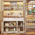 HUAHUU 71" Kitchen Pantry Cabinet with Lights & Acrylic Doors, Pantry Storage Cabinet with Microwave Stand, Kitchen Hutch Food Cabinets with Charging Station, Adjustable Shelves, White