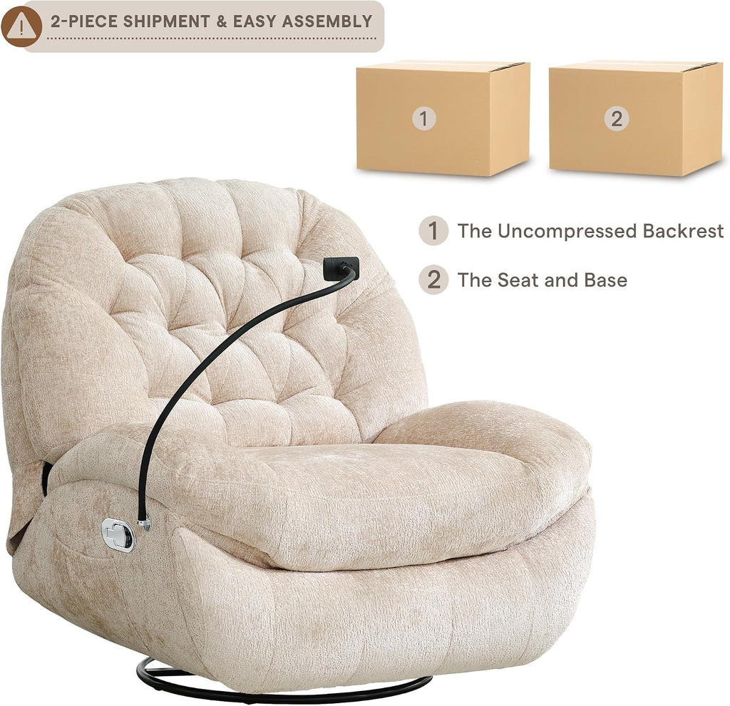 Swivel Rocker Recliner Chair,Oversized Swivel Rocking Sofa | Large Glider Recliner with Phone Holder for Living Room,Chenille,Cream Beige