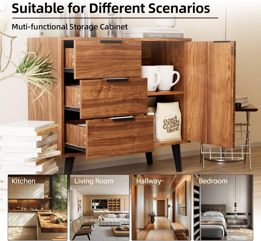 Buffet Sideboard Cabinet with Storage, Mid-Century Storage Cabinet with 3 Drawers and 1 Door, Kitchen Pantry Cabinet, Freestanding Accent Storage Cabinet for Living Room, Entryway