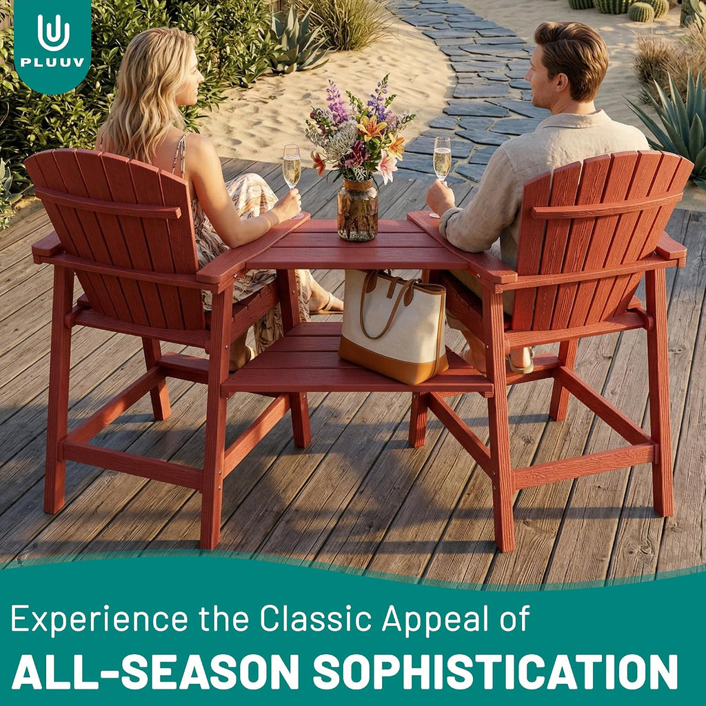 PLUUV Tall Adirondack Chairs Set of 2 with Double Connecting Trays, All Weather HDPE Bar Height Outdoor Chairs, Outdoor Adirondack Barstools with Umbrella Hole for Balcony, Patio, Backyard, Reddish