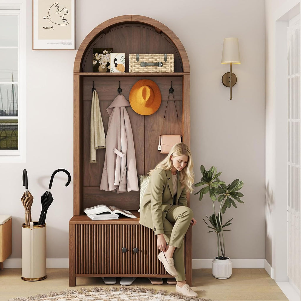 Hall Tree with Bench and Shoe Storage, Entryway Storage Bench with Coat Rack, 70.08" Tall Mudroom Rack with 4 Double Hooks and and 2 Fluted Doors, hall tree with storage for Hallway, Walnut