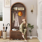 Hall Tree with Bench and Shoe Storage, Entryway Storage Bench with Coat Rack, 70.08" Tall Mudroom Rack with 4 Double Hooks and and 2 Fluted Doors, hall tree with storage for Hallway, Walnut