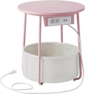 SONGMIC HOME Round Side End Table, Nightstand with Charging Station and Fabric Basket, for Living Room, Pink and White