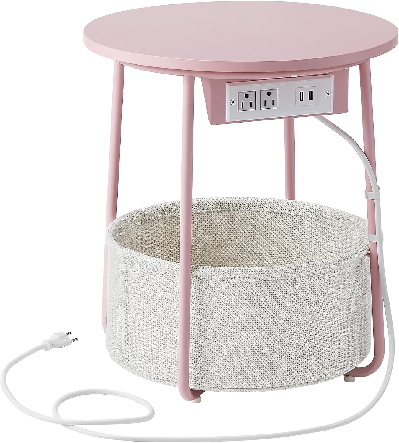 SONGMIC HOME Round Side End Table, Nightstand with Charging Station and Fabric Basket, for Living Room, Pink and White