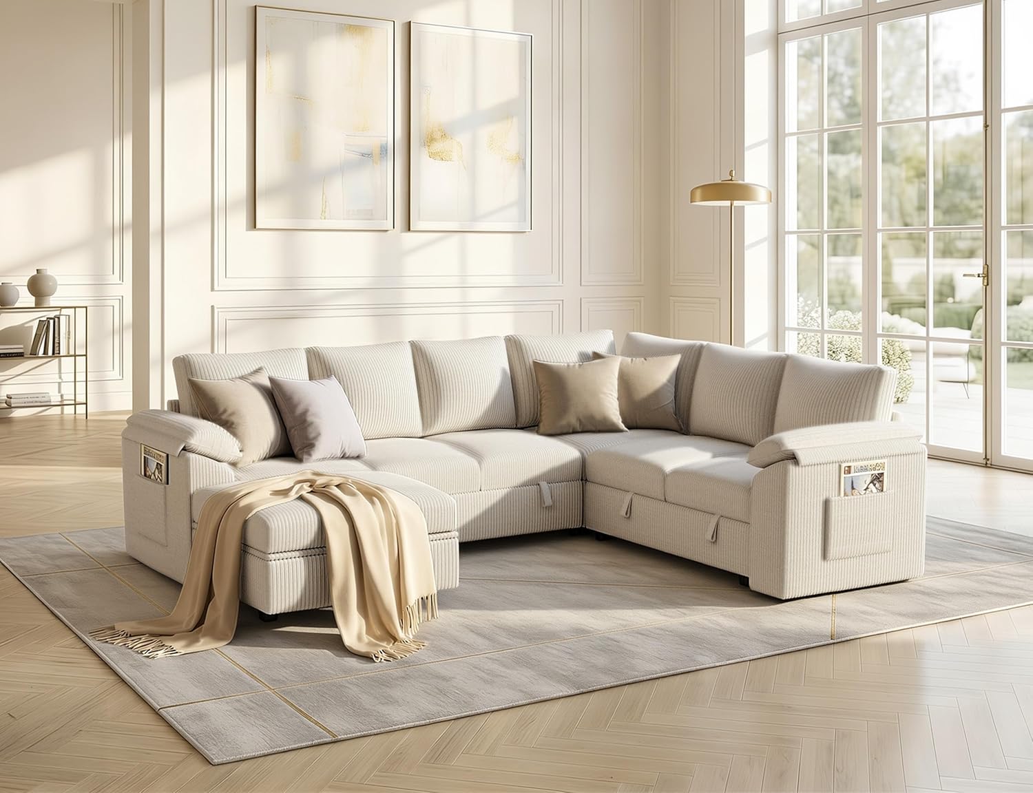 108 Inch Sectional Sleeper Sofa Bed with Pull Out Couch, U Shaped 7 Seat Cloud Modular Sectional Sofa with Storage, Corduroy Sectional Couches for Living Room, Removable Sofa Cover, Beige