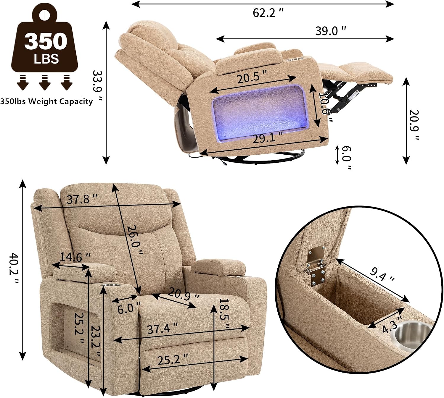 Power Swivel Rocker Recliner Chair with Heat and Massage, Adjustable Headrest, Cup Holder & Armrest Storage, Oversized Extra Wide Reclining Rocking Chairs for Nursery and Adults Dual Motors