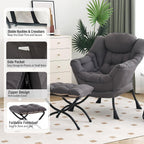 Furlide Lazy Chair with Ottoman, Modern Chair with Folding Footrest, Dark Grey Accent Chair, Comfortable Reading Chair, Oversized Armchairs for Bedroom, Study, Living Room, Courtyard