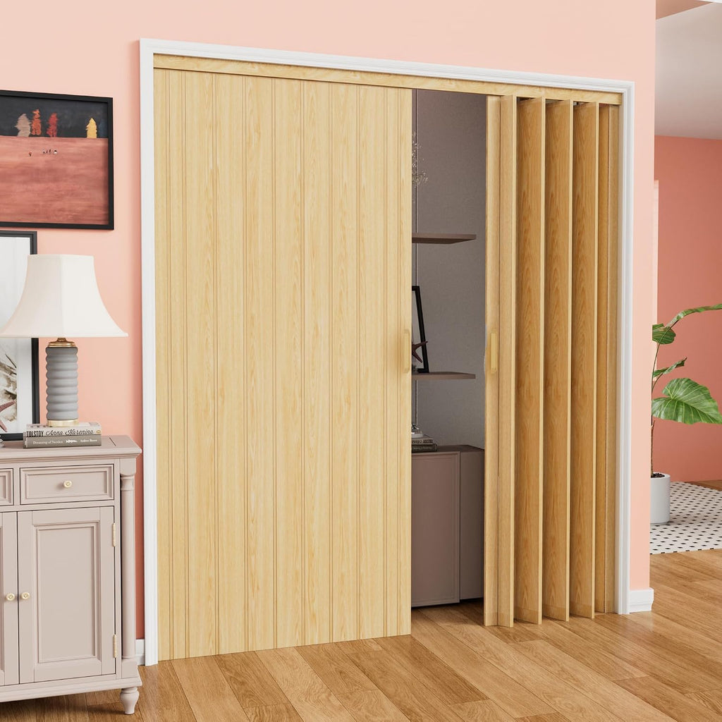 72" x 80" Enhanced Double Walled Interior Accordion Doors, Oak PVC Panel Strong Magnet Folding Closet Door, Space-Saving Bi Fold Doors with Heavy-Duty Nylon Rollers & Upgrated Handle, Easy to Install