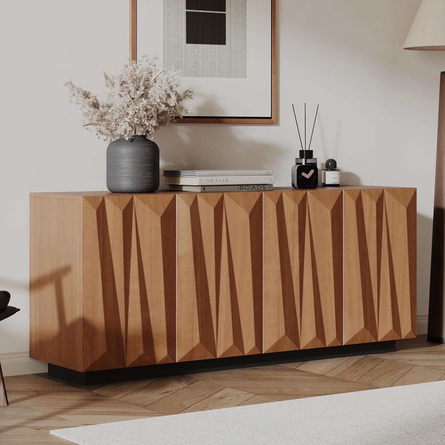 60" Contemporary Geometric Sideboard Buffet with 3D Triangular Doors & Floating Base, Light Walnut Credenza Storage Cabinet for Living Room Kitchen Entryway