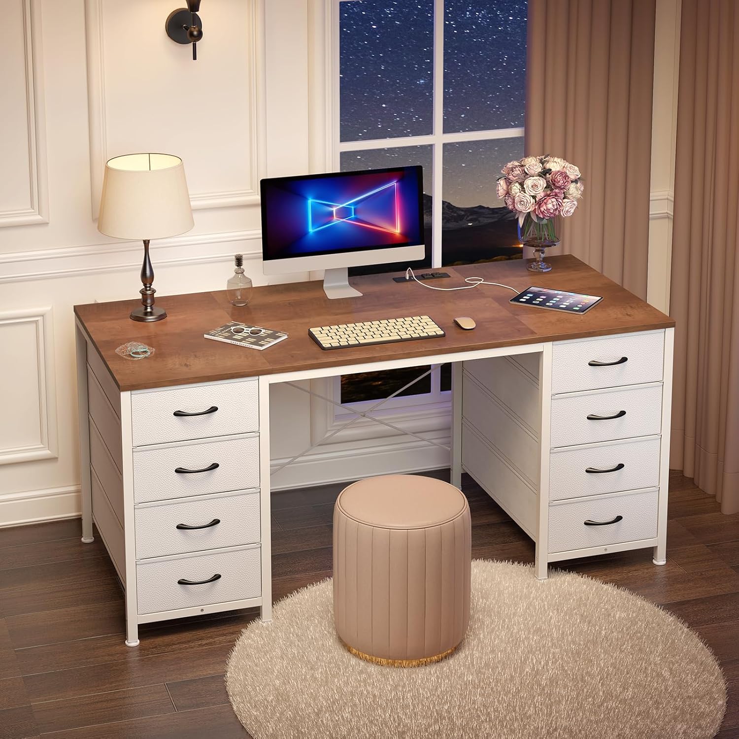 YOMILUVE 50 Inch Computer Desk with 8 Drawers, Home Office Desk with Power Outlets, Work Study Gaming Desk with 8 Fabric Drawers, Brown and White