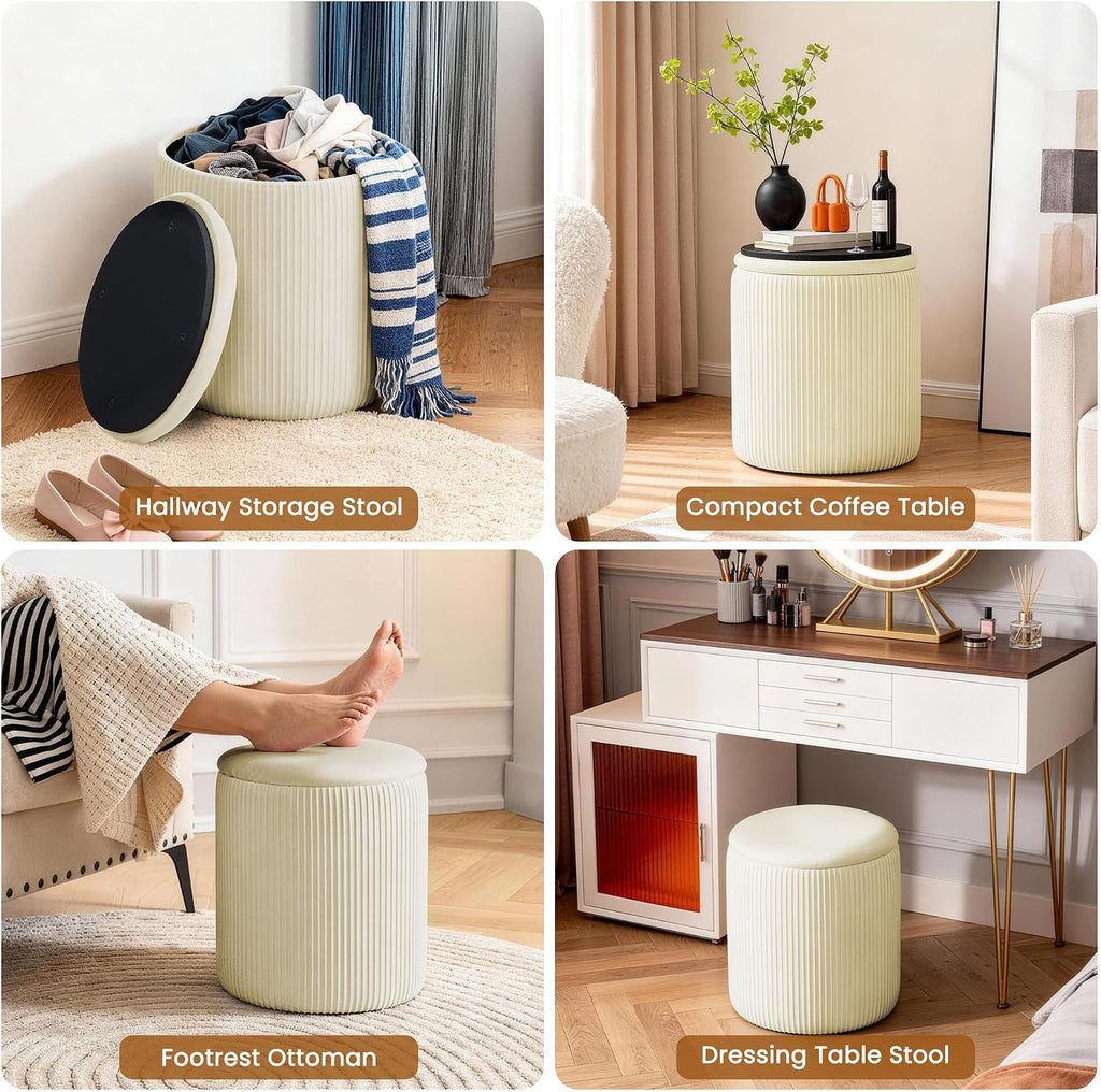 Vanity Stool Set of 2 - Round Storage Ottoman with Lid, Velvet Footrest Pouf for Makeup Room & Living Room, Multi-Use Small Chair with Hidden Storage（Beige）