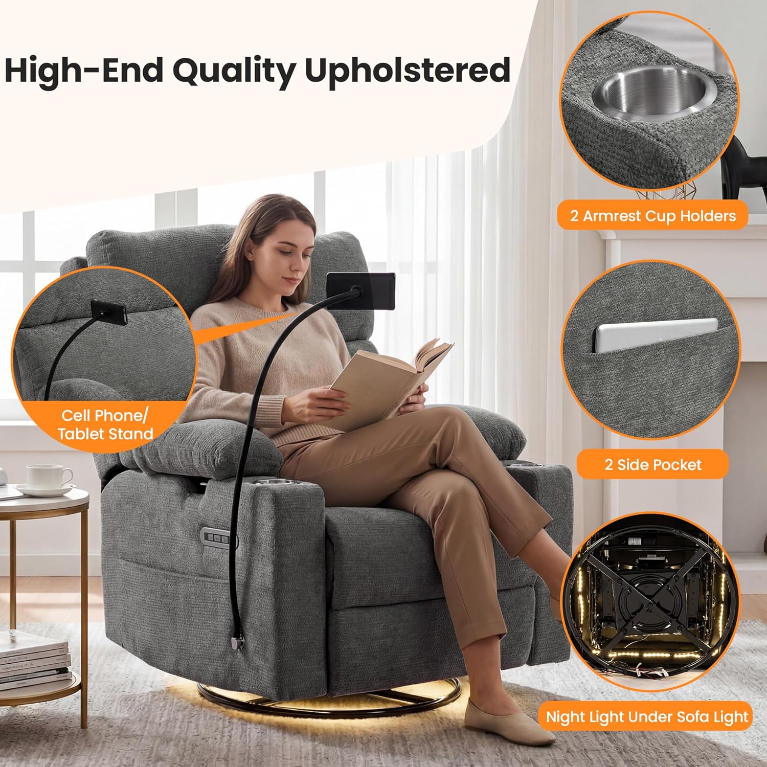 FiveWillowise Power Rocking Chair Nursery with Adjustable Armrests&Headrest, Glider Recliner Chair, Swivel Reading Chair with Electric Lumbar Support, Cup Holder, Nightlight and USB Ports, Grey