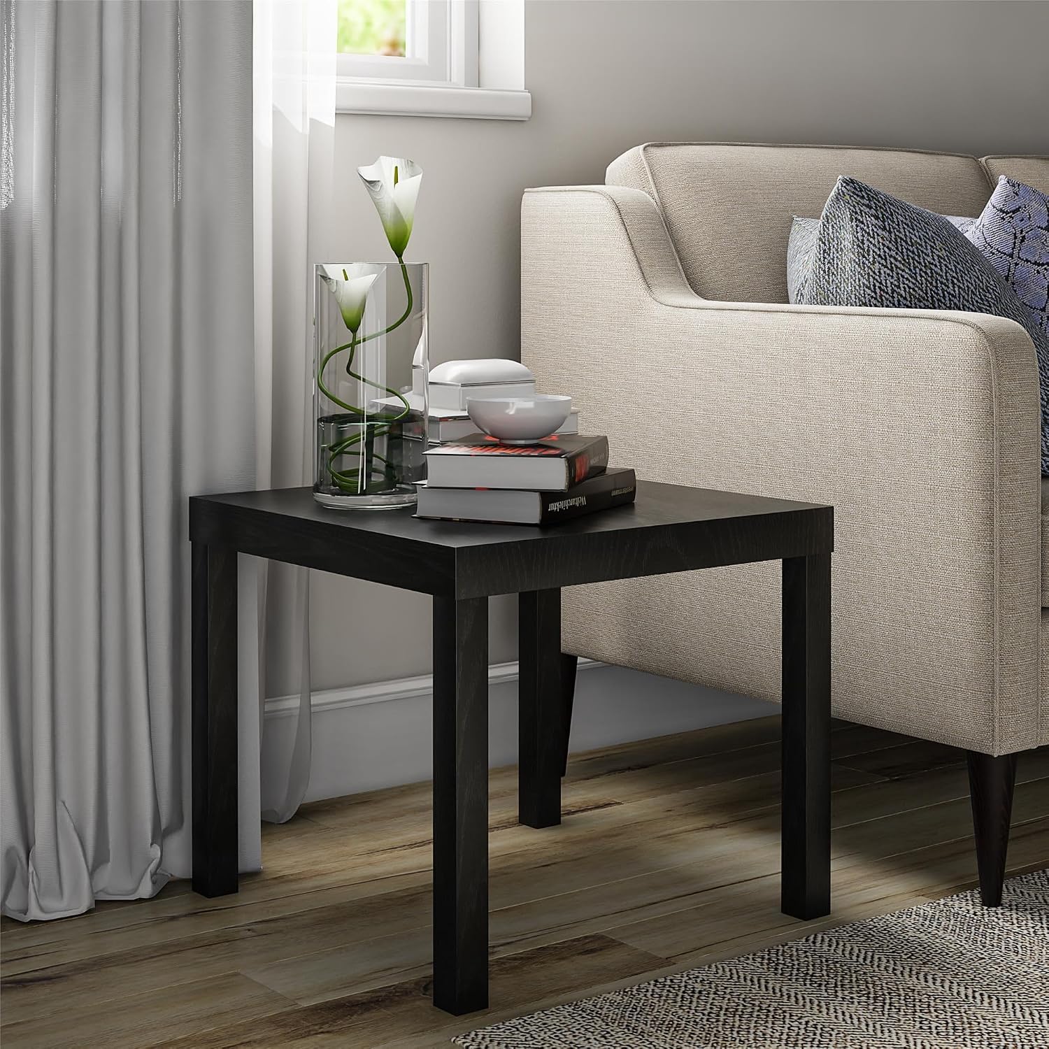 End Table, Small Side Table with Water Resistant Black Oak Finish for Living Room, Bedroom, Office, Minimalist Nightstand, Easy Assembly, Sturdy Square Design, 17.5" H x 20" W x 20" D