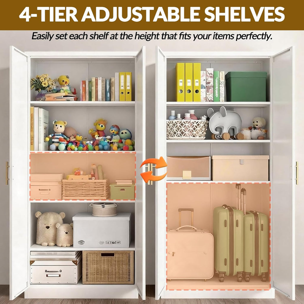 CJF White Kitchen Pantry Cabinet,71 Inch Tall Metal Storage Cabinet with 4 Adjustable Shelves and Doors, Freestanding Pantry Cabinet for Kitchen, Living Room, Dining Room, Bathroom, Easy to Assemble