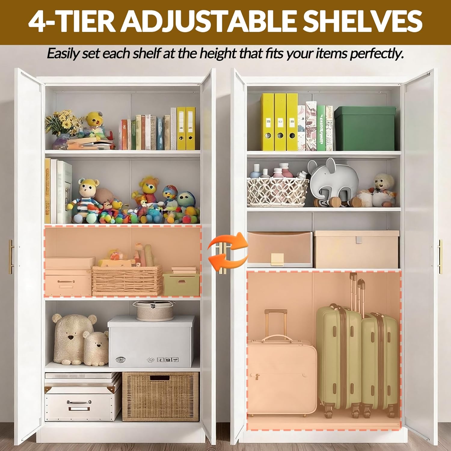 CJF White Kitchen Pantry Cabinet,71 Inch Tall Metal Storage Cabinet with 4 Adjustable Shelves and Doors, Freestanding Pantry Cabinet for Kitchen, Living Room, Dining Room, Bathroom, Easy to Assemble