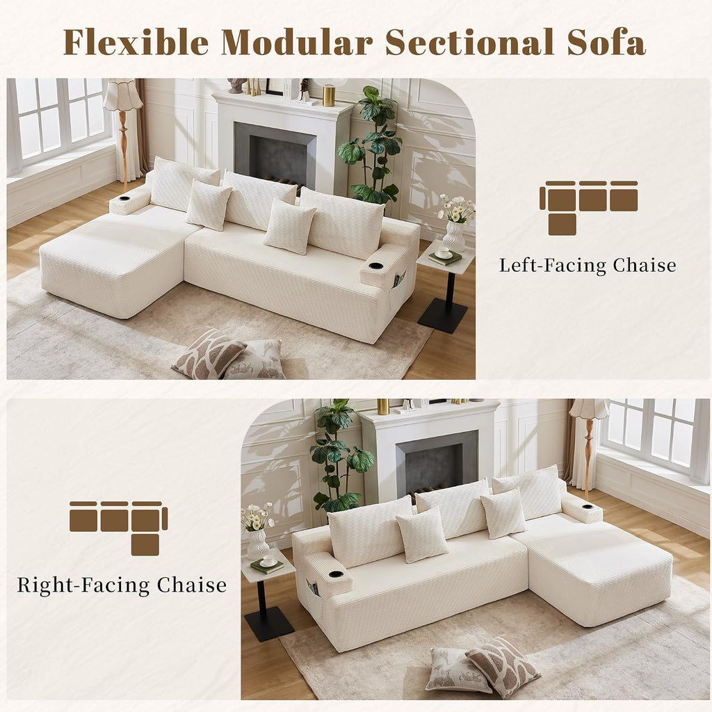 106" Cloud Sectional Couch, Modular Sectional Sofa with L-Shape Chaise, Corduroy Boneless Couch with Deep Seat, Upholstered Sofa for Living Room, No Assembly Required(Left-Facing Chaise, White)