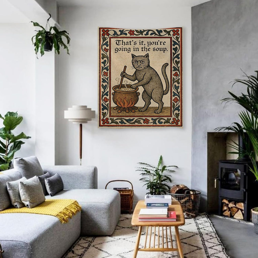 FoxUncle Weird Medieval Cat Woven Tapestry Vintage Medieval Cat Aesthetic Wall Art Funny Quirky Animal Wall Decor 40 x 60 inches Home Decor for Living Room Hallway Bedroom