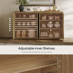 SICOTAS Buffet Cabinet with Storage, 34" Tall Modern Farmhouse Sideboard with 2 Adjustable Shelves & Geometric Doors, Large Credenza with Luxury Gold Handles for Kitchen Living Room, Brown Oak, 1 PCS