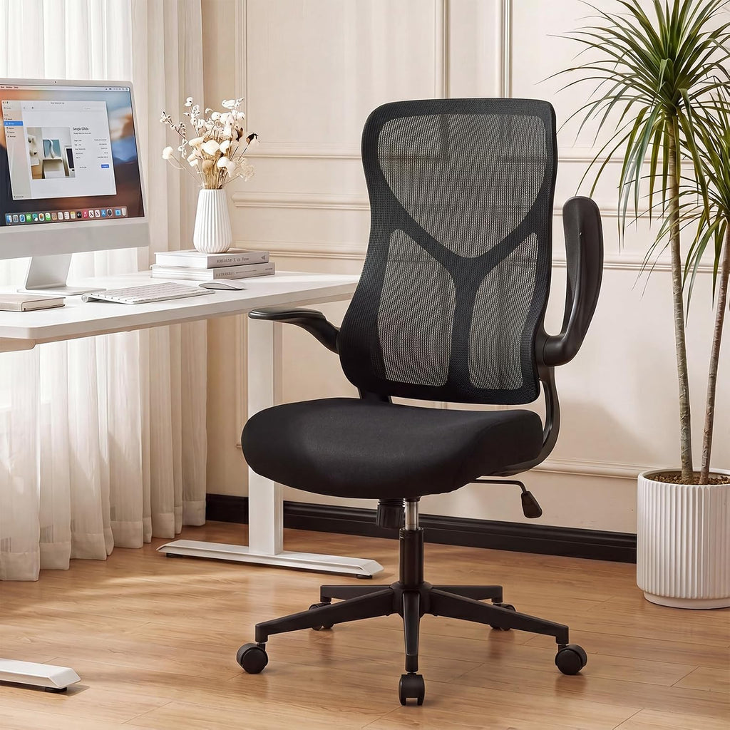 DUMOS Office Managerial Executive Chair with Ergonomic Design, High Back Mesh Computer Desk Chair with Flip-up Armrests, Adjustable Height Swivel Task with Wheels, Comfy Lumbar Support, Black