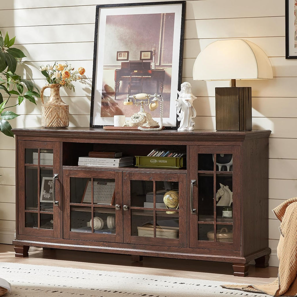 SAVOR LIFE Large Sideboard Buffet Cabinet with Storage,Vintage Walnut Farmhouse 60" Wide Sideboard Cabinets with Glass Doors & Wood Legs,Kitchen Coffee Bar Credenza for Dining Room, Living Room