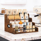 LIVELYGLOW 19.6”W x 15.74" D x 12.5" H Inches Versatile 4-Step Coffee Syrup & Water Bottle Organizer Rack Multi-Functional Retro Display Shelf for Kitchen or Bar, Holds Liquor & Spirits, Wooden