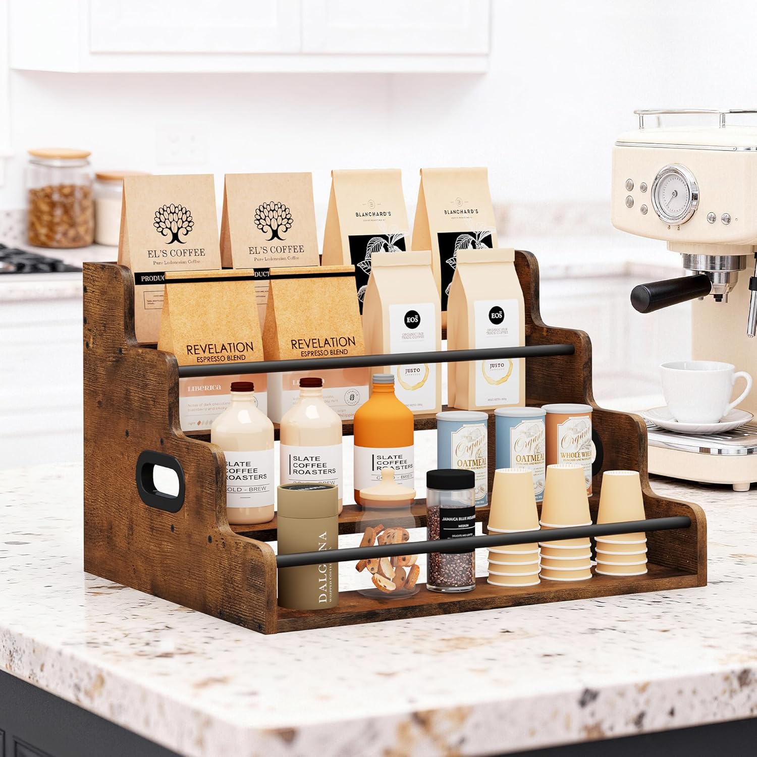 LIVELYGLOW 19.6”W x 15.74" D x 12.5" H Inches Versatile 4-Step Coffee Syrup & Water Bottle Organizer Rack Multi-Functional Retro Display Shelf for Kitchen or Bar, Holds Liquor & Spirits, Wooden
