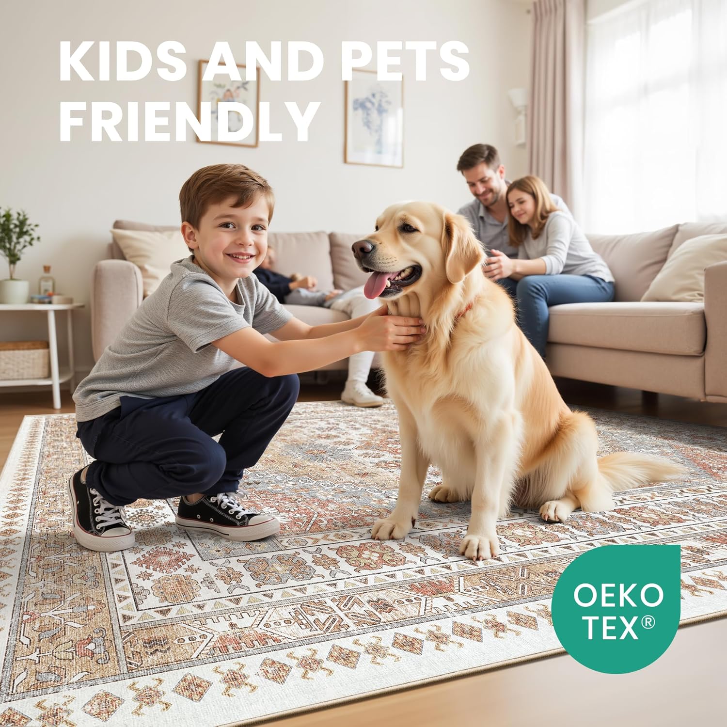 zesthome 8x10 Area Rugs for Living Room,Non-Slip Backing Washable Rugs,Vintage Large Area Rug，Stain Resistant Home Decor Rug (Orange,8'x10')