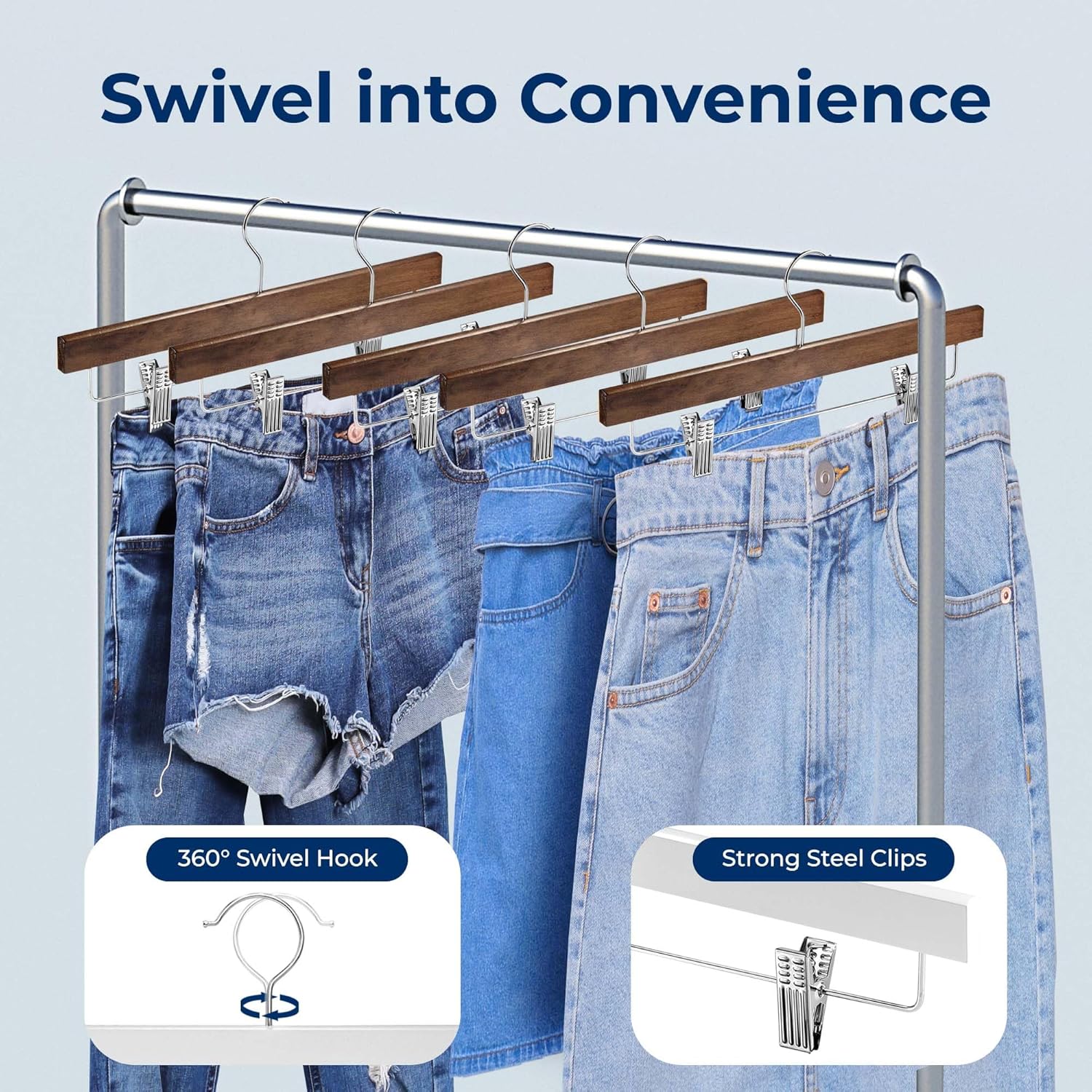 SereneLife Wooden Pants Hangers, 30-Pack Hangers with Adjustable Clips and Anti-Rust Swivel Hook, Space-Saving Pant Organizer for Closet, Ideal for Jeans, Slacks, Shorts, Trousers, Skirts (Retro)