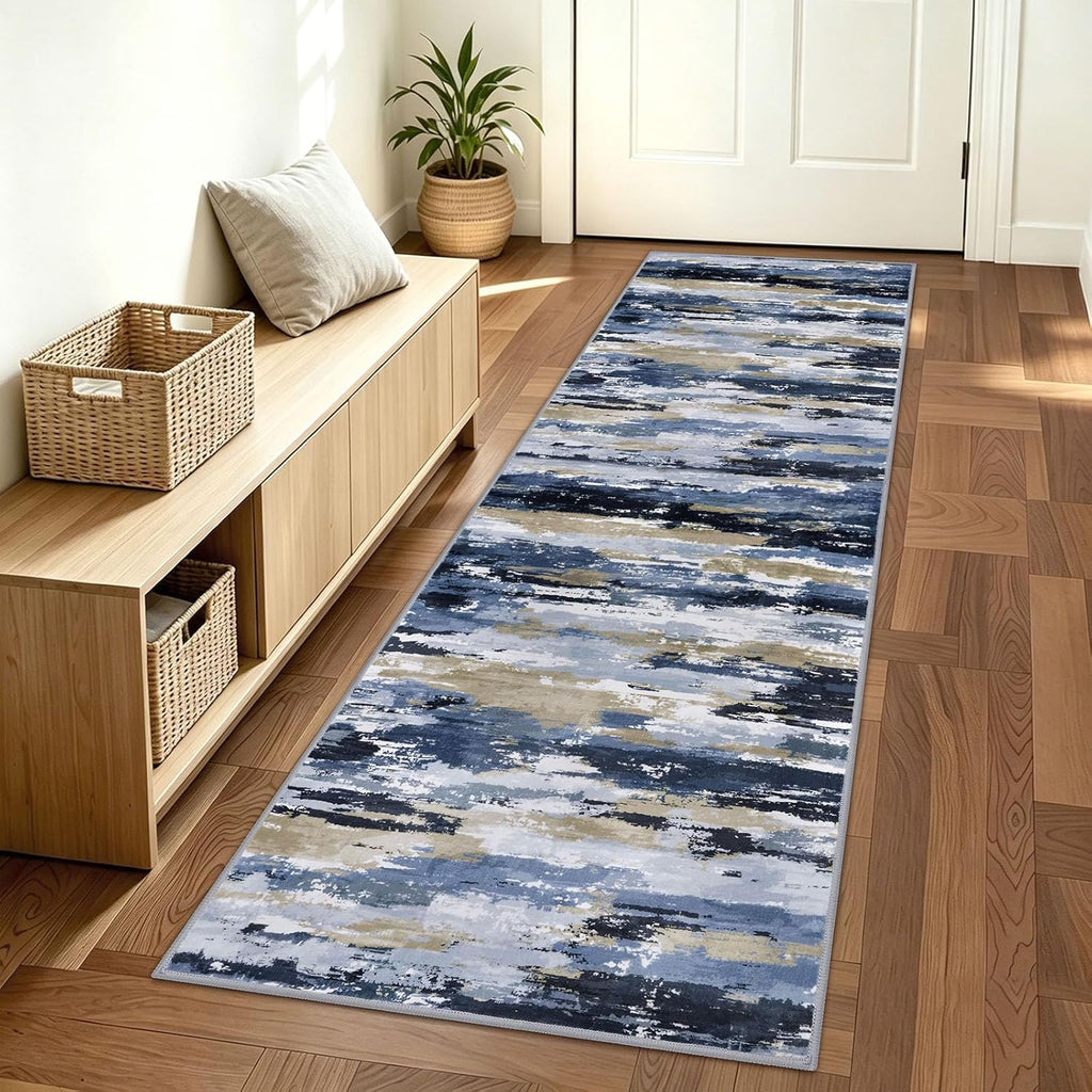 Abstract Washable Runner Rug 2x6 Runners for Hallways, Non-Slip Kitchen Runner Printed Faux Wool Entryway Runners Indoor, Soft Thin Floor Carpet for Entry Bedroom, Navy Blue Multi