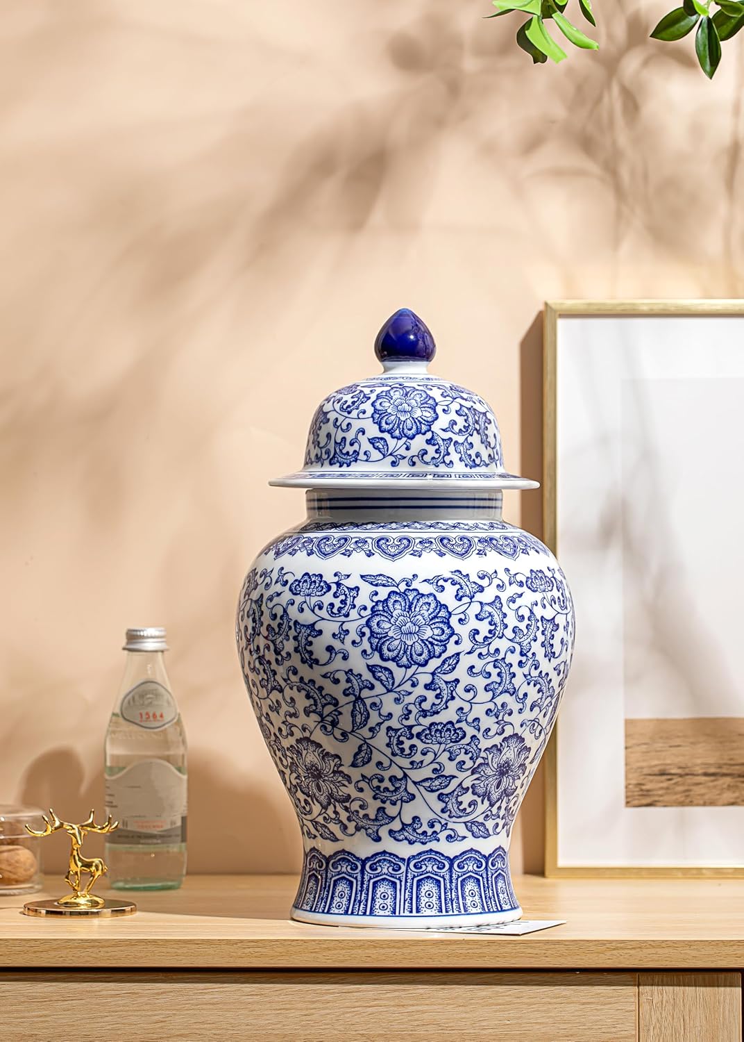 Blue and White Ginger Jar, Ceramic Chinoiserie Decorative Jars for Home, Office, Flower Vase Pocelain, Glossy Vase for Table, Living Room, Bookshelf, Mantle Fireplace, Centerpieces,15" H