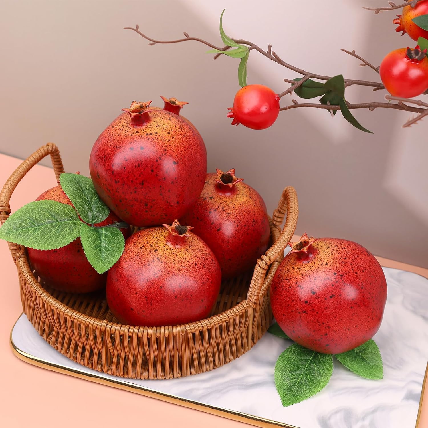6pcs Fake Pomegranates,Realistic Fake Fruit for Home Decor,Plastic Artificial Pomegranates Decor