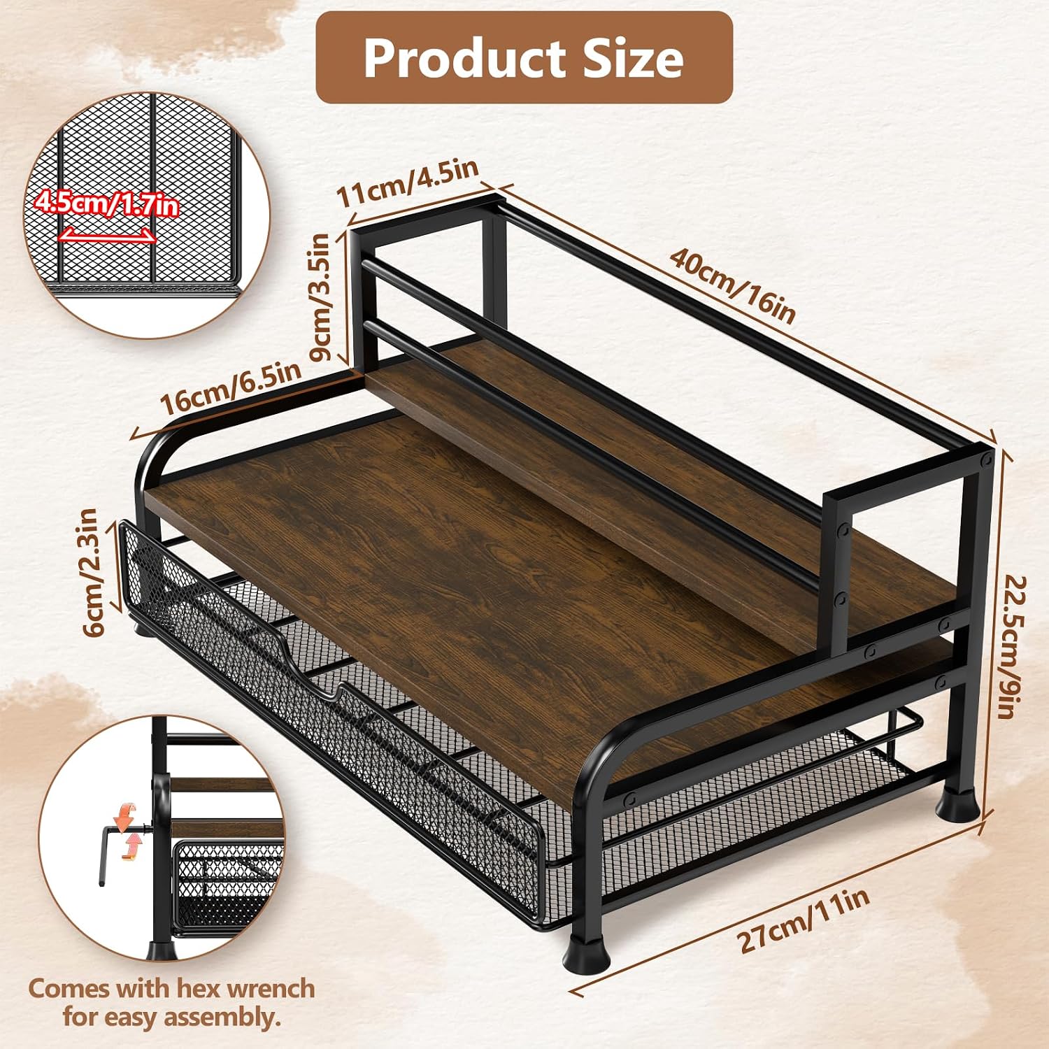 Coffee Syrup Rack Organizer, 3-Tier with 35 K-CUP Pod Holder Drawer | Black Metal Rack for 8 Syrup Bottles, Countertop Bottle Holder Stand for Wine, Space-Saving Design for Kitchen Cafe Station