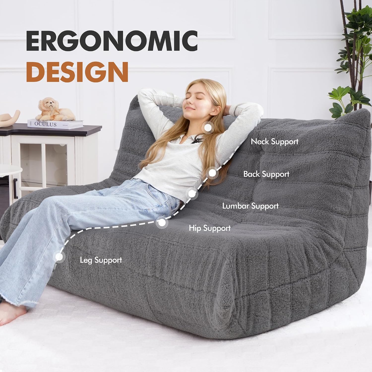 Bean Bag Loveseat Chair Big Sofa Beanbag Chair for Adults Fireside Chair Bean Bag Lounger with Memory Foam Filled for Home,Apartment or Gaming Venue（DGY Teddy）