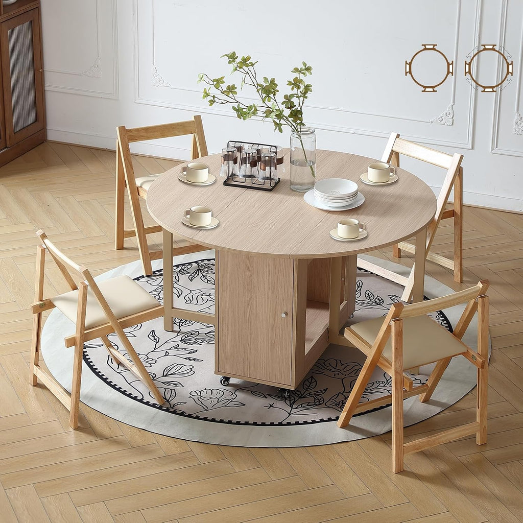 COMUHOME Wood Round Folding Dining Table with 4 Chairs, 47.3" Folding Table and Chairs with Storage Shelf Metal Legs for Home Dining Room Living Room, Space Saving Foldable Dining Table with 4 Chairs