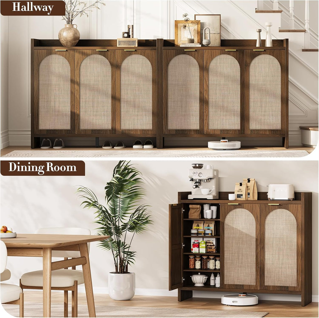 Shoe Cabinet Storage for Entryway - Rattan Accent Cabinet with 3 Doors & Adjustable Shelves, 6-Tier Large Wood Shoes Cabinets with Organizer Rack for Entry Way, Hallway, Living Room, Walnut