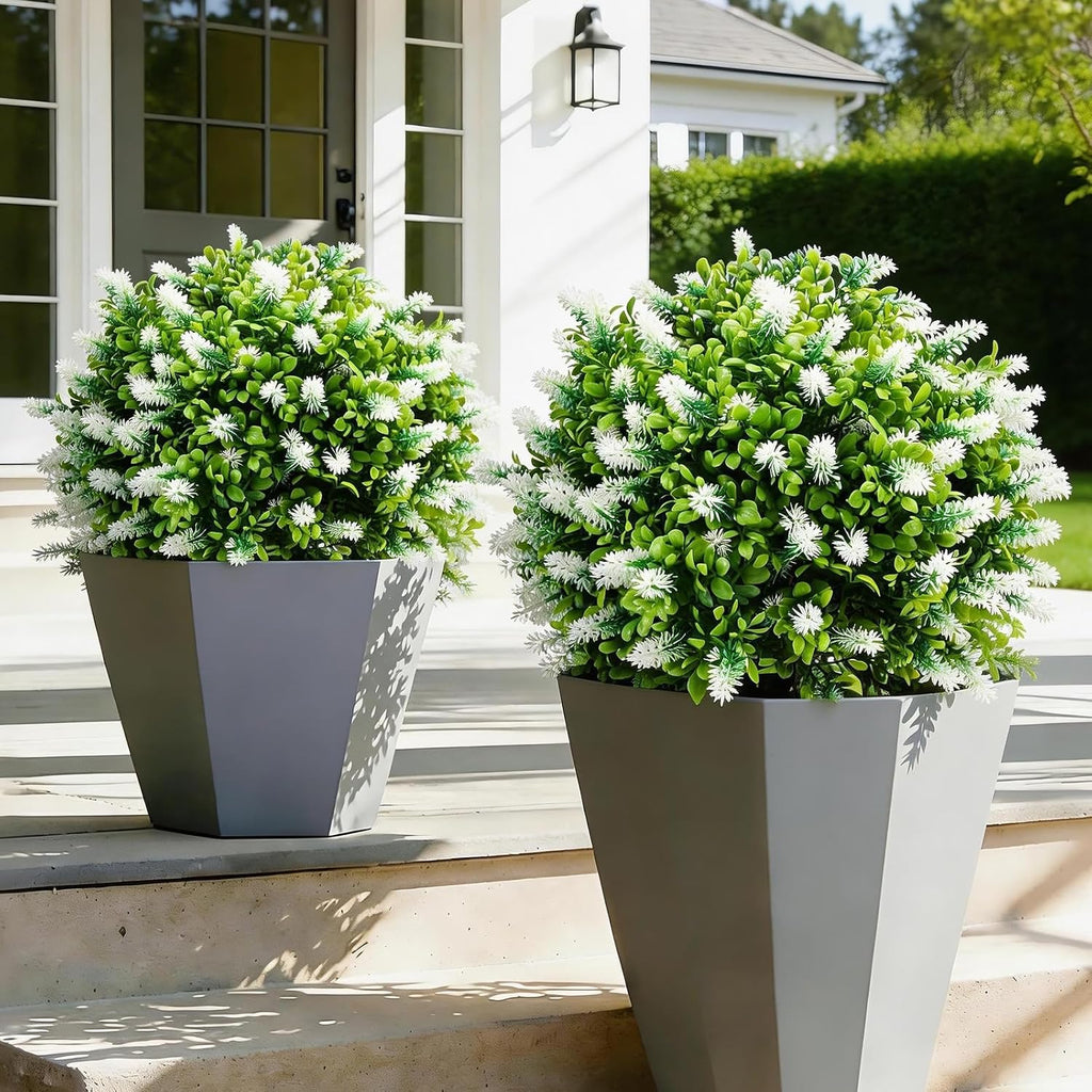 2 Pack 25" Artificial White Lavender Topiary Ball Trees for Outdoors, UV Resistant Faux Evergreen Shrubs with Ground Spikes, Fake Bush Ball Plants for Front Porch, Patio, Garden, Indoor Outdoor Decor