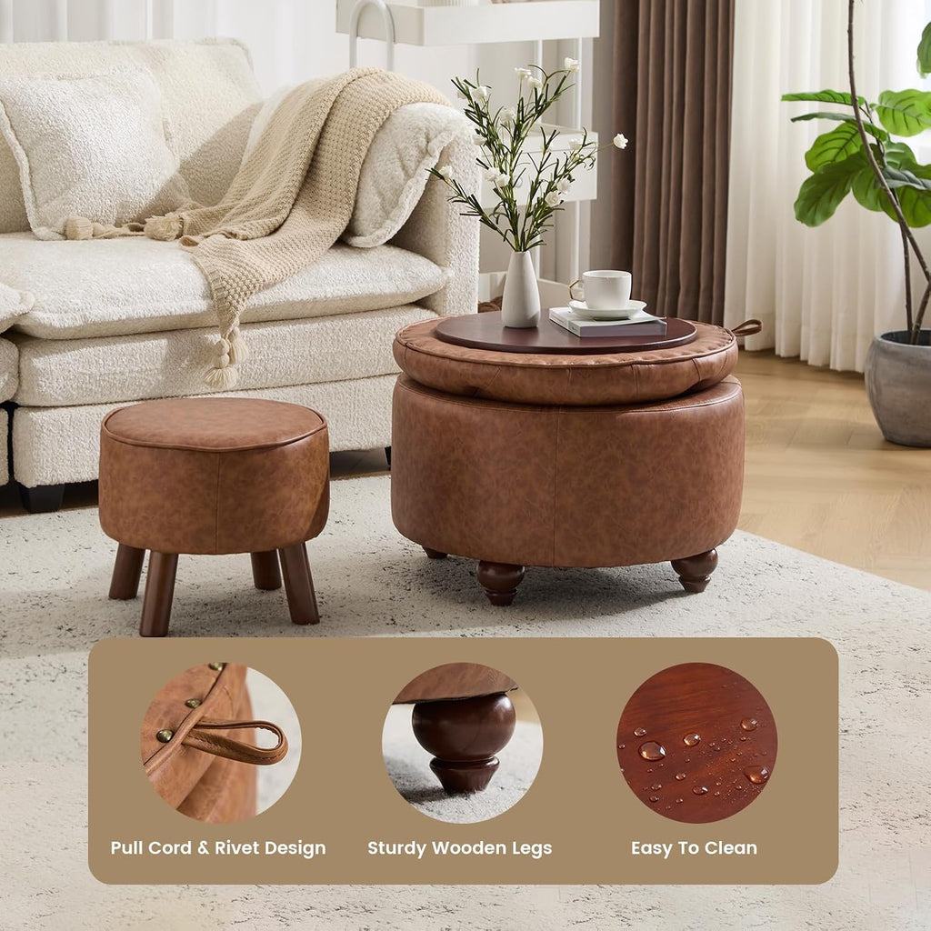 24Inch Round Storage Ottoman, Set of 2, Modern PU Leather Coffee Table with Removable Top, Upholstered Ottoman with Storage Footrest Stool for Living Room, Bedroom (Brown)