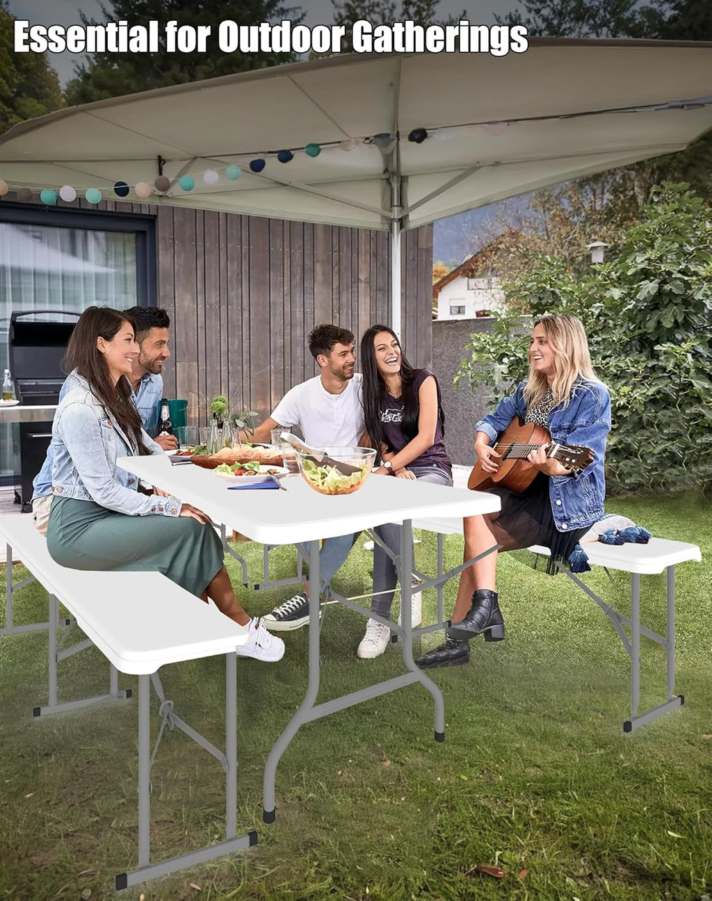 Folding Table Set with 2 Benches, 6 FT Picnic Table and Bench Set, 3- Piece Foldable Camping Tables Sets for Indoor & Outdoor, Portable Plastic Tables Chairs for Party, Wedding, Event, BBQ